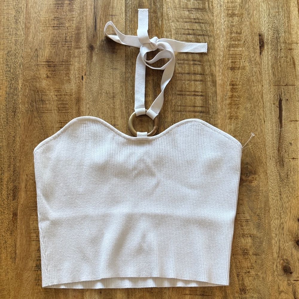 525 White ribbed Halter Crop tank Top with bamboo Ring Accent viscose XL NWT